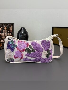New White Floral Sequin Shoulder Bag Y2K Embroidered Beaded Baguette